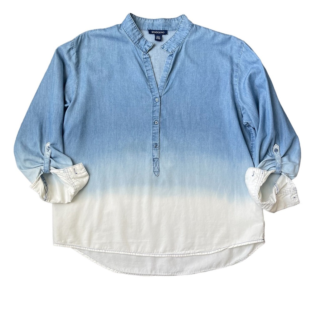 Bandolino Womens Large Roll Tab Long Sleeve Ombre Chambray Button Front Top